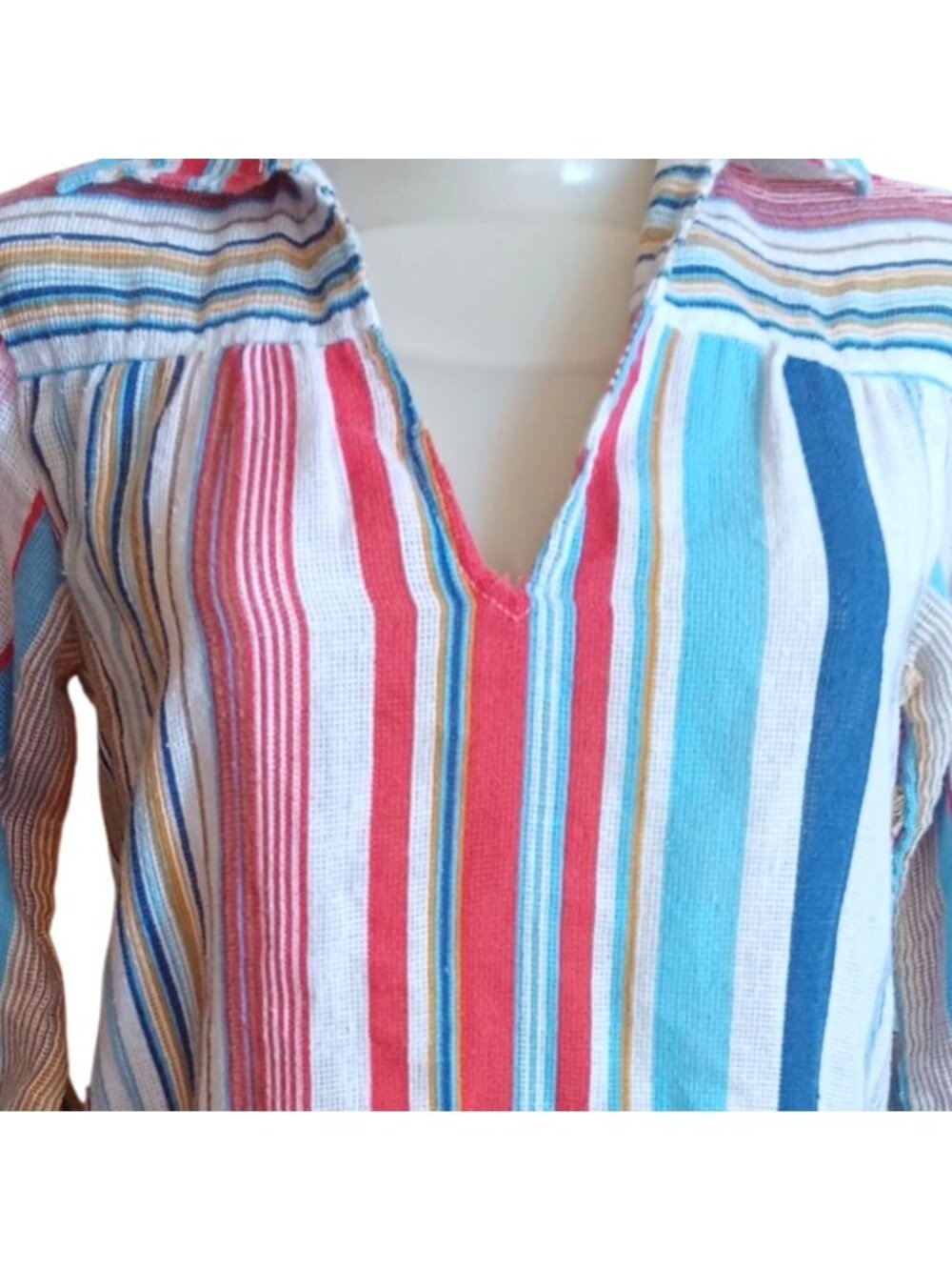 True Vintage Hippy Top Medium Colorful Striped 1970's Boho Tunic Shirt Pocket